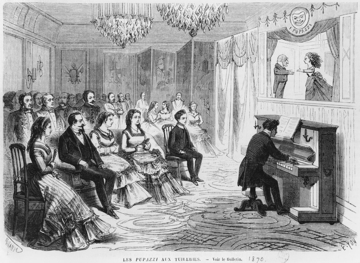 Nukketeatteri I Pupazzi esiintyy keisari Napoleon III:n (1808-73) keisarinna Eugenien (1826-1920) ja prinssi Eugene Louis Napoleon Bonaparten (1856-79) edessä Tuileries