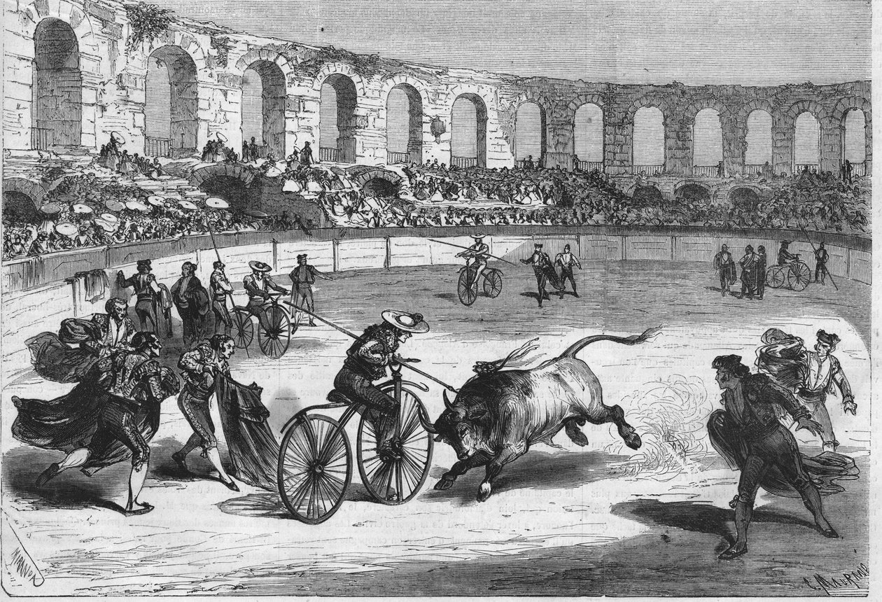 Härät kilpailevat Nimesin areenalla vuonna 1869. Toreadorit kiinnitettiin velocipedeihin. Piirustus herra Miranda. tekijältä Miranda Miranda