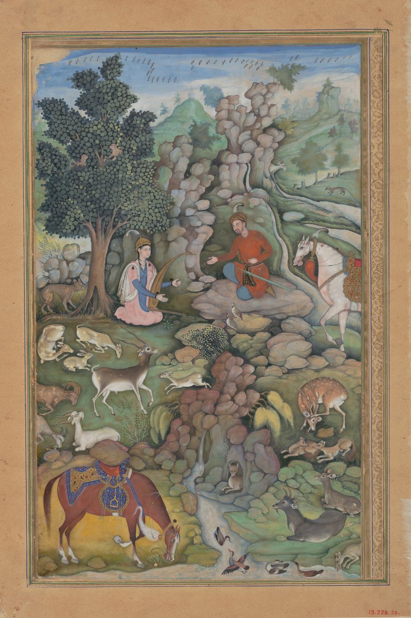 Bahram Gur näkee Dilaramin musiikin lumoaman peuralauman, Folio from..., 1597-98. tekijältä Miskin