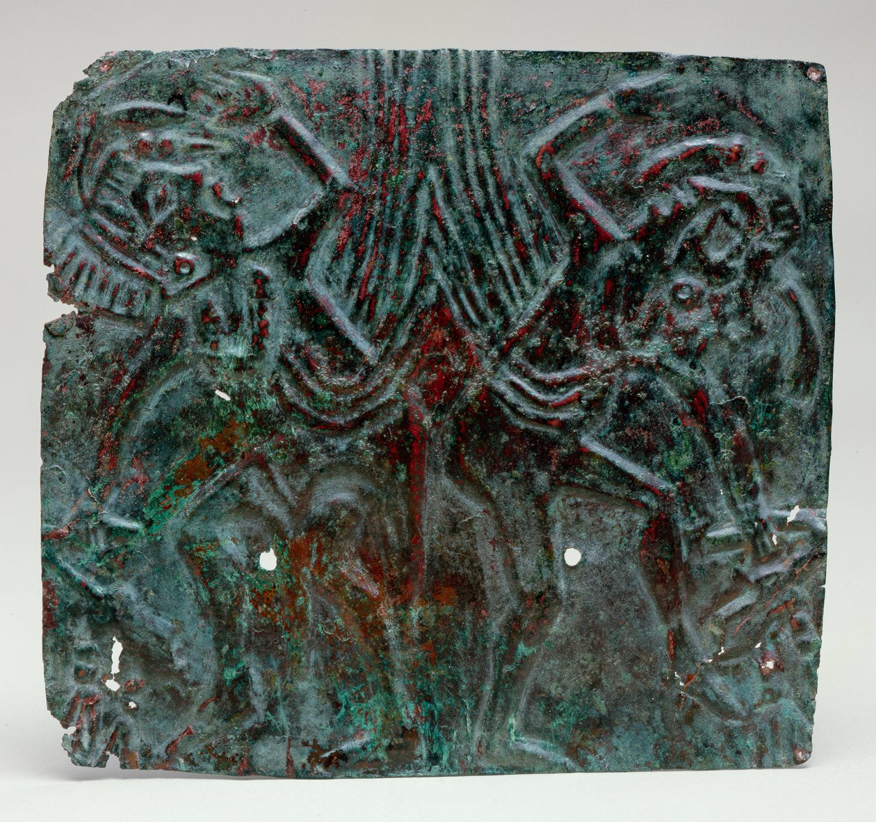 Repousse-laatta, jossa tanssivia hahmoja, 1100-1300 (kupari ja pigmentti) tekijältä Mississippian culture