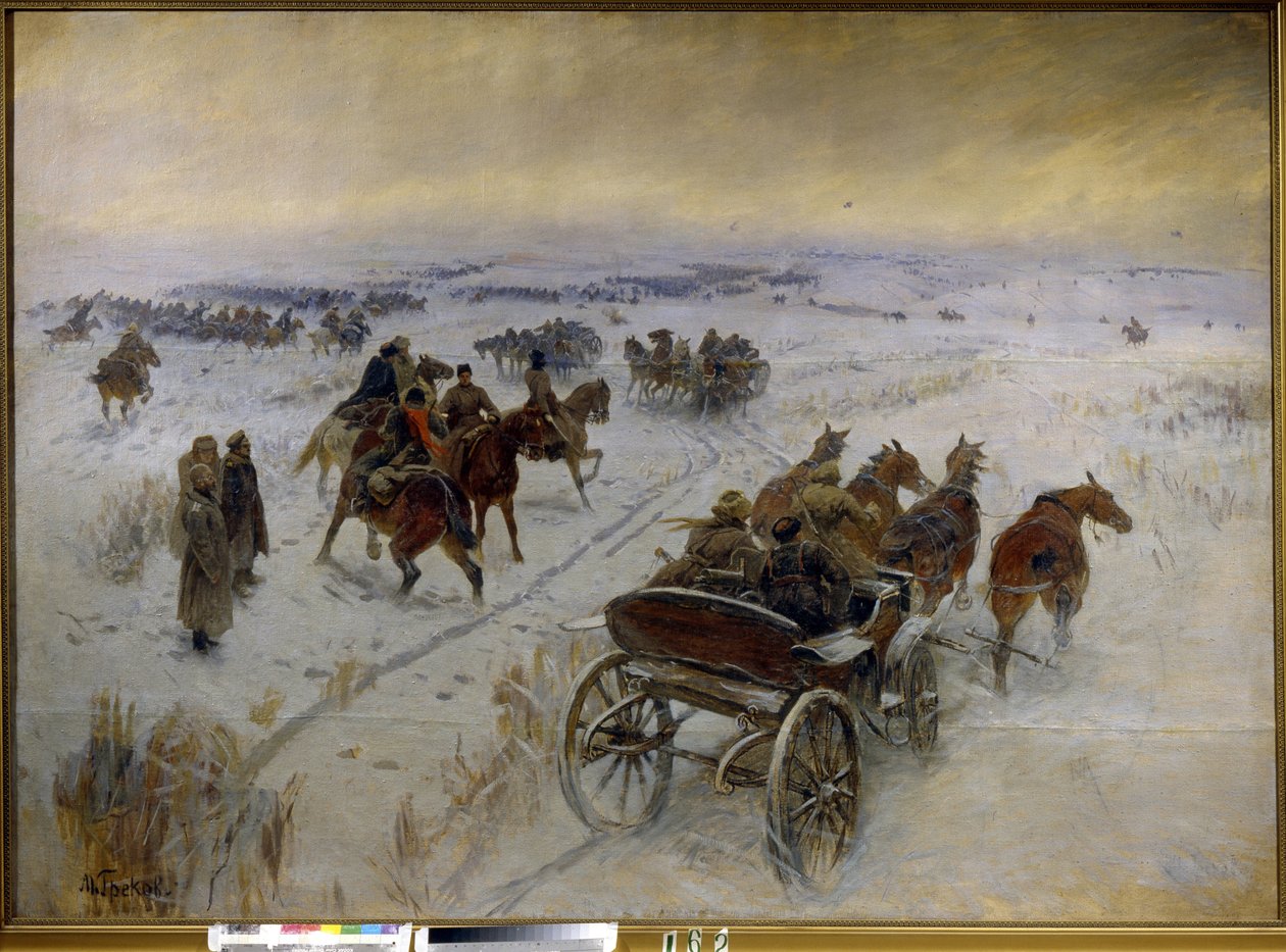 Taistelu Jegorlykskayalla (Venäjä). Episodi Venäjän sisällissodasta (1917-1923), puna-armeijan ja valkoisen armeijan ratsuväen yhteenotto lumisilla tasangoilla. Mitrofan Borisovich Grekovin (1882-1934) maalaus öljy kankaalle tekijältä Mitrofan Borisovic Grekov