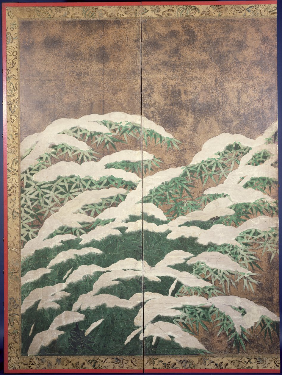 Bambu lumessa, n. 1600 (muste, värit, kulta ja hopea paperilla) tekijältä Mitsuyoshi Tosa