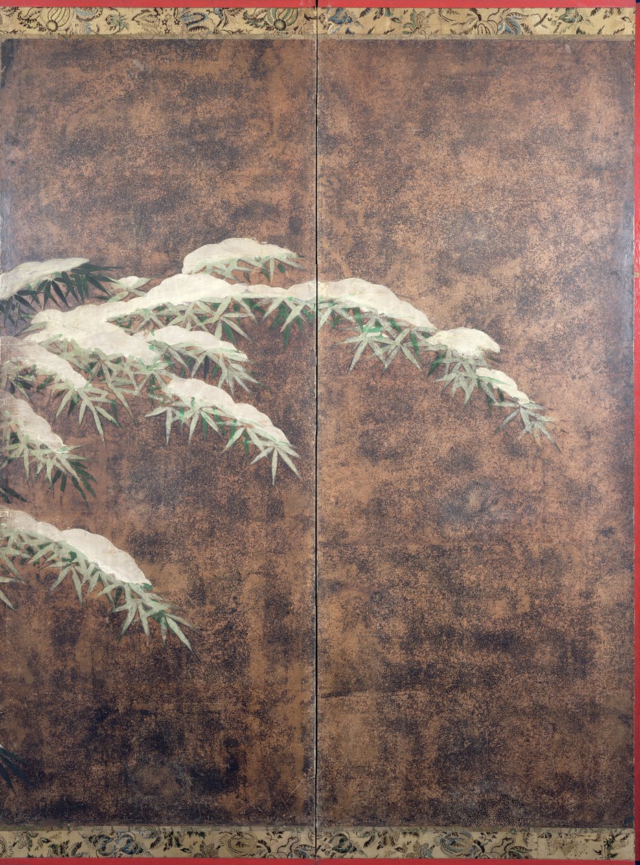 Bambu lumessa, noin 1600 (muste, värit, kulta ja hopea paperille). tekijältä Mitsuyoshi Tosa
