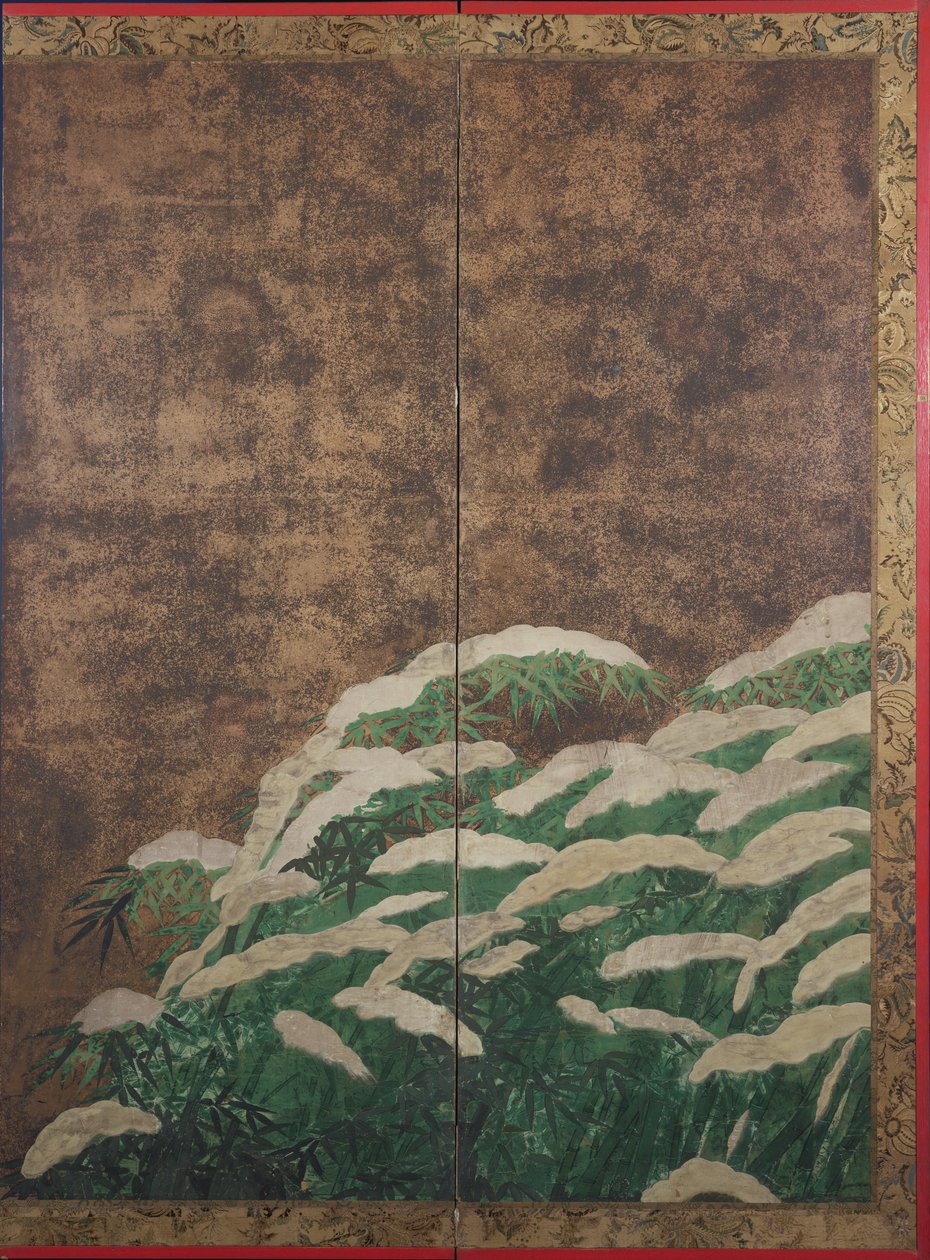 Bambu lumessa, n. 1600 (muste, väri, kulta ja hopea paperilla) tekijältä Mitsuyoshi Tosa