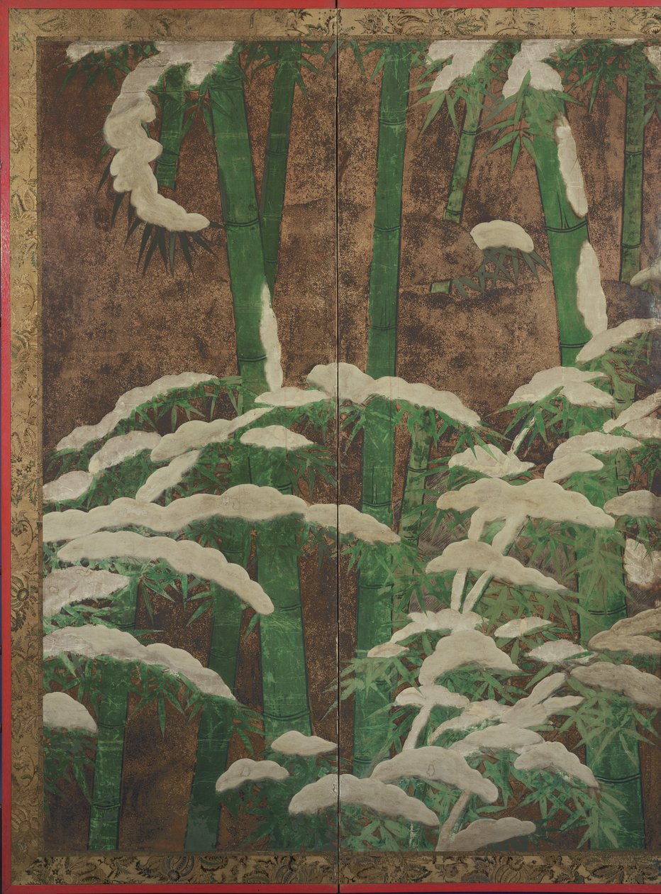 Bambu lumessa, n. 1600 (muste, väri, kulta ja hopea paperilla) tekijältä Mitsuyoshi Tosa