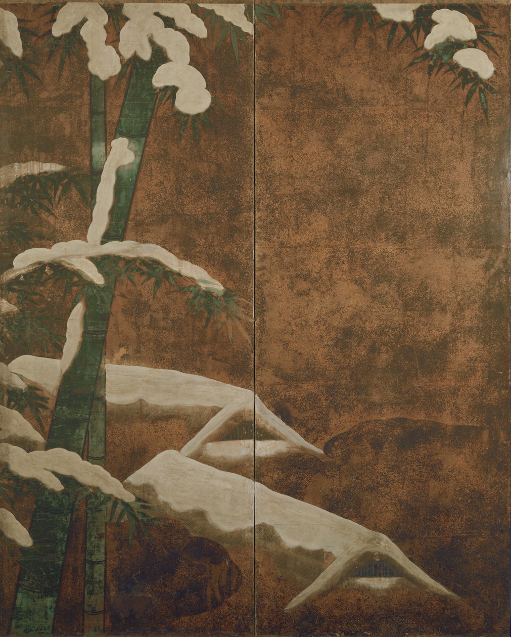 Bambu lumessa, n. 1600 (muste, väri, kulta ja hopea paperilla) tekijältä Mitsuyoshi Tosa