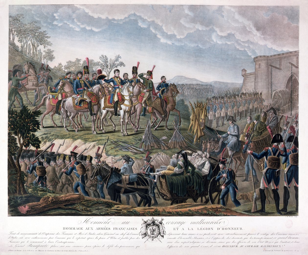 Napoleon osoittaa kunnioitusta voitettujen rohkeudelle Ulmin antautumisen aikana, 20. lokakuuta 1805 (värikaiverrus) tekijältä Mixille or Mixelle Jean Marie