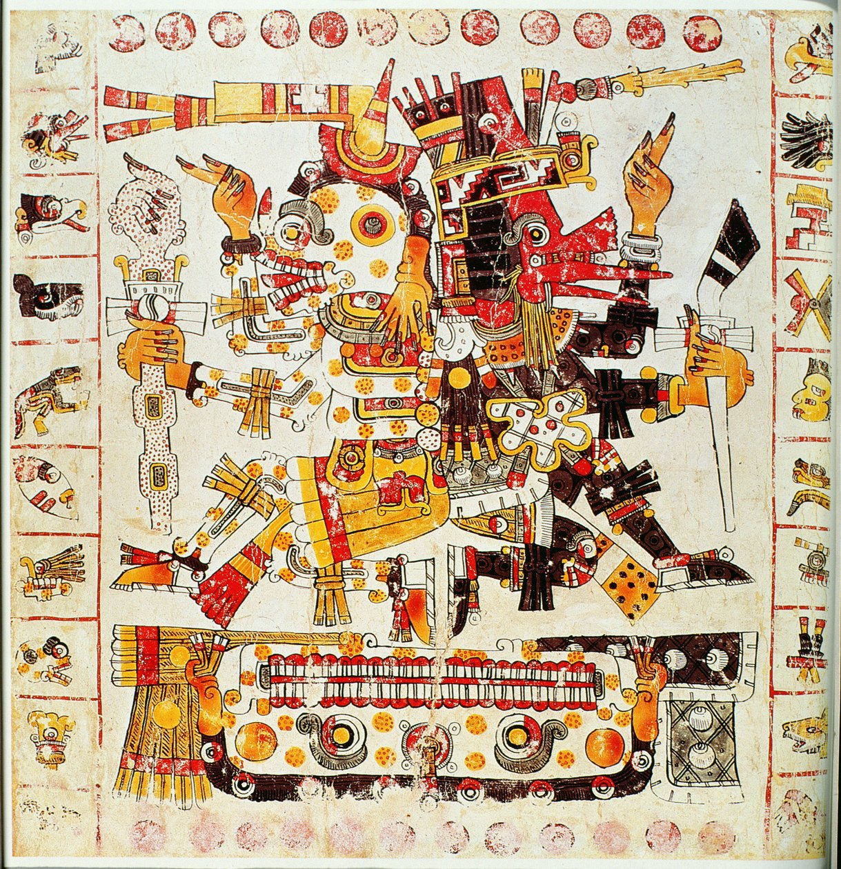 Faksiimikopio Borgia-koodeksin sivusta, joka kuvaa kuoleman ja elämän jumalia vierekkäin (värilitografia) tekijältä Mixtec