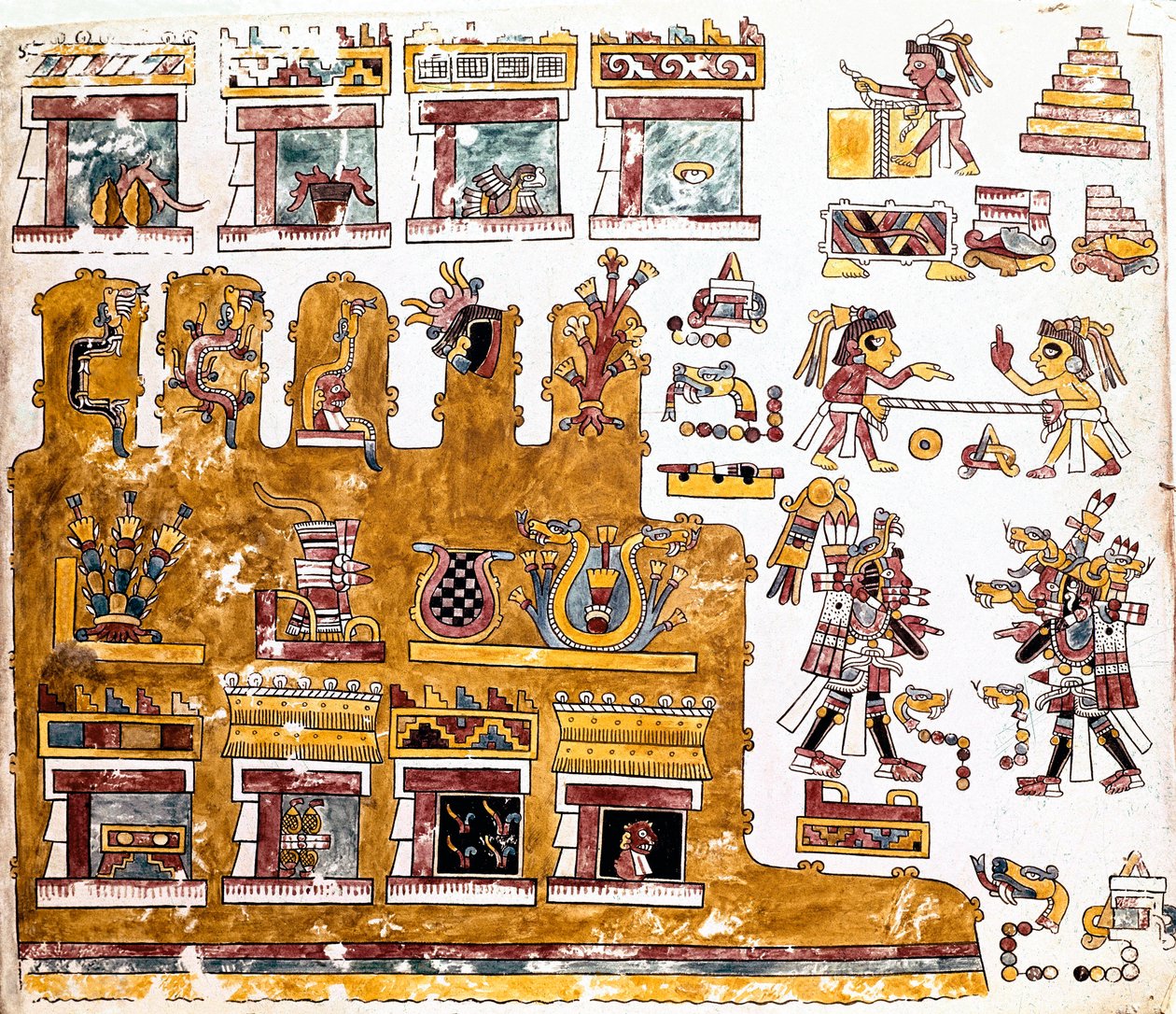 Mixtec-sivilisaatio: Mixtec Codex, jossa on kuvia temppelin edessä tapahtuvasta toiminnasta - Prekolumbialainen taide, sekoitettu sivilisaatio: kohtauksia jokapäiväisestä elämästä temppelin edessä - Yksityiskohta kopiosta Codex Vindobonensis tai Wienin koo tekijältä Mixtec Mixtec