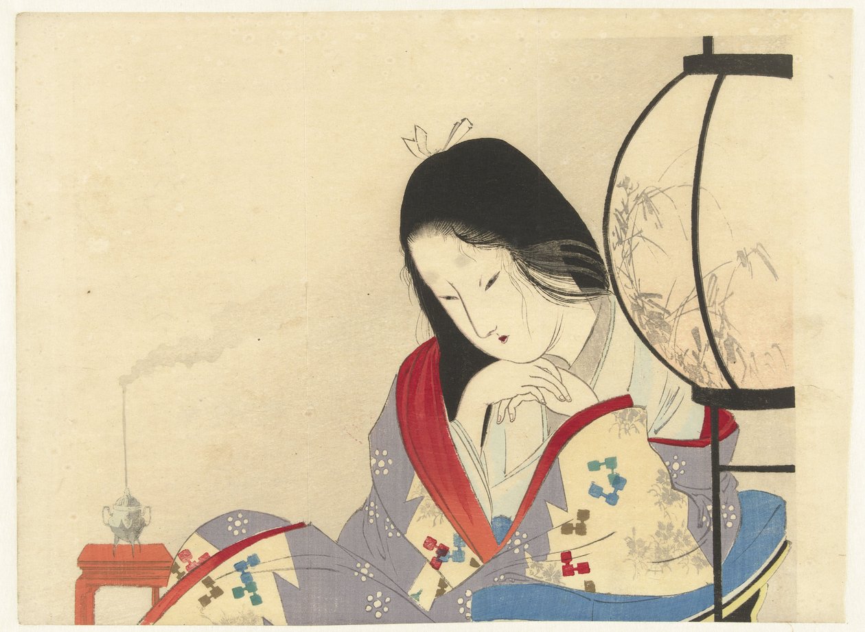 Nainen sisätiloissa lampun ääressä, 1890-1908 (värillinen puupiirros) tekijältä Mizuno Toshikata