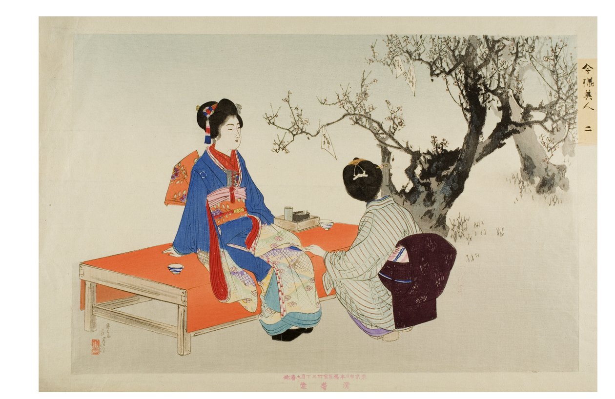 Nro 2. Tarkastellaan luumunkukkia sarjasta Modern Beauties, n. 1897-1899 (puupalikka paperilla) tekijältä Mizuno Toshikata
