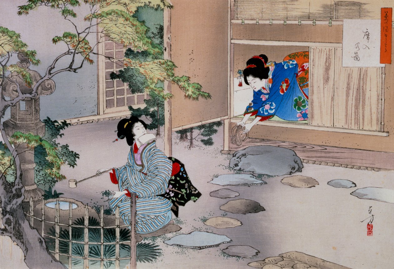 Teehuoneiden sisäänkäynti, c1886-1908 tekijältä Mizuno Toshikata