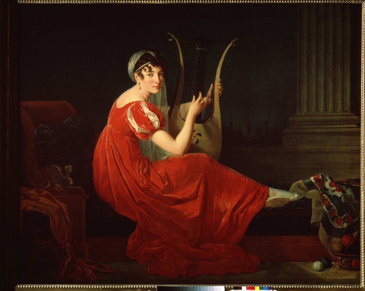 Josephine Budajevskajan muotokuva. Tyylikäs nainen harpun kanssa. Mademoiselle Rivieren maalaus (1780-?) tekijältä Mlle Riviere