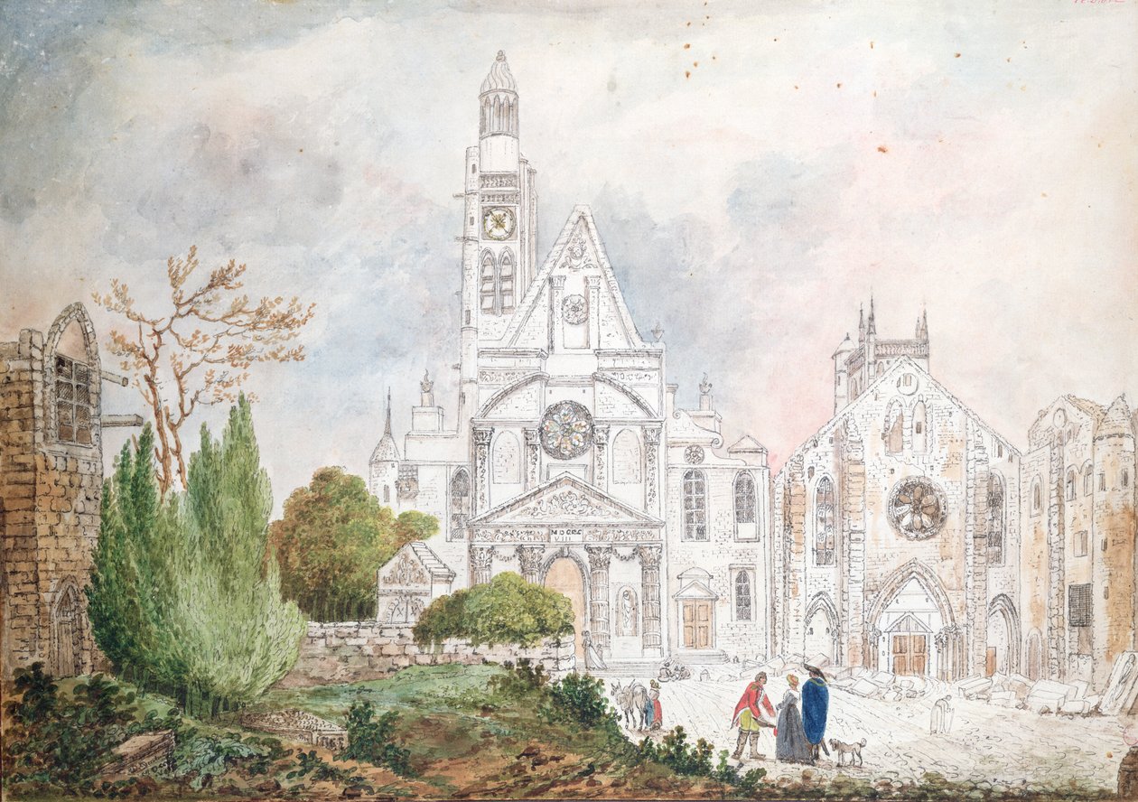 Saint-Genevieven ja Saint-Etienne-du-Montin vanhan kirkon julkisivu, 1807 (wc paperilla) tekijältä Mme. Duchateau