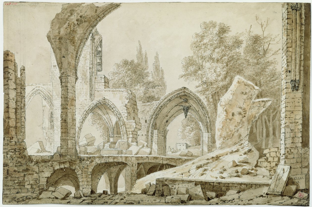 Raunioituneen Sainte-Genevièven kirkon sisätilat, 1807 (tussi ja tussi pesu paperille) tekijältä Mme. Duchateau