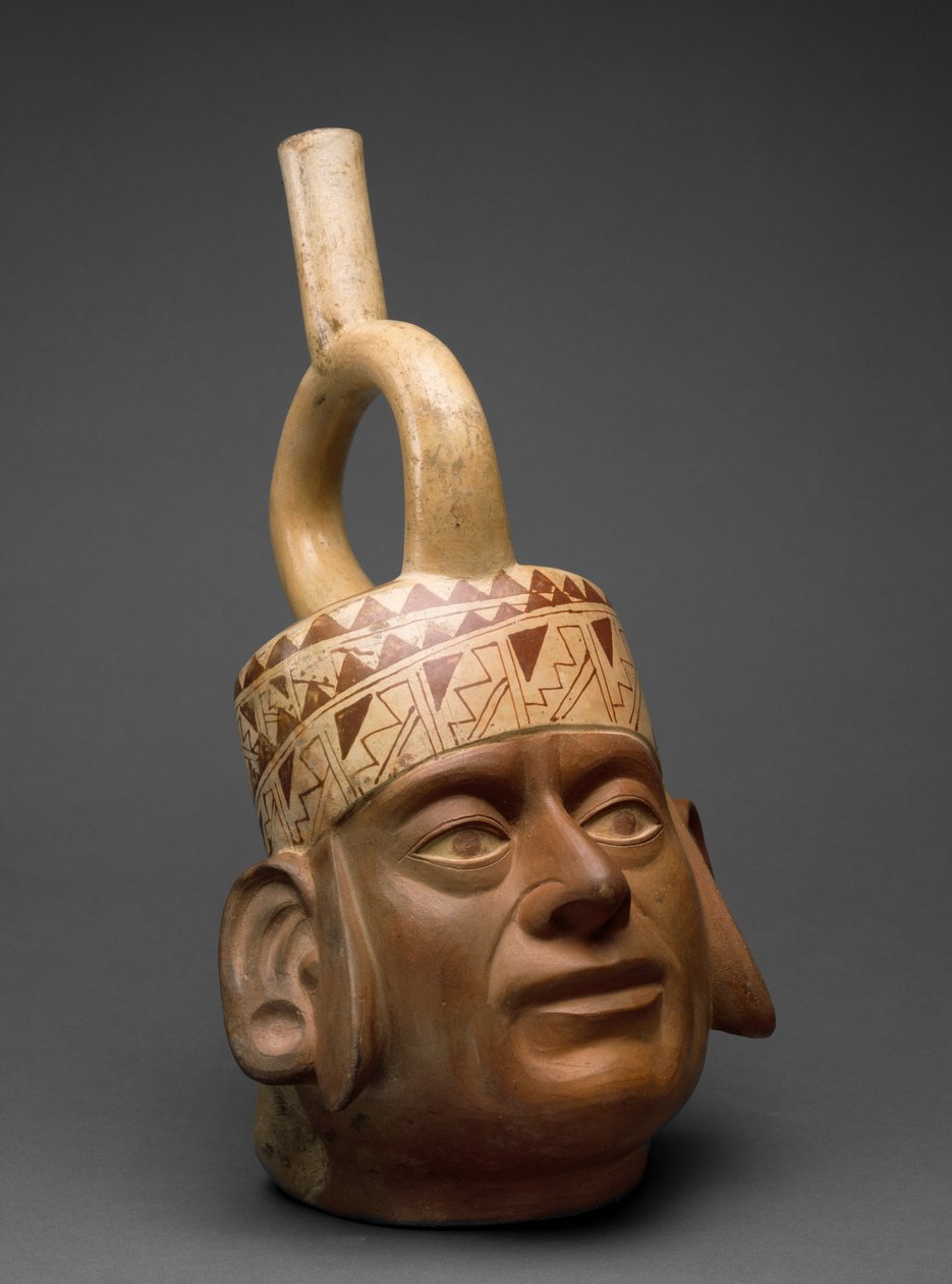 Portrait Head Vessel, Moche IV, 400-600 (keramiikka bikromilla liukumaalauksella) tekijältä Moche
