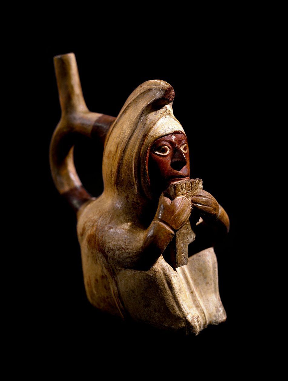 Prekolumbialainen taide, Mochic-sivilisaatio (ruma, Mochica): antropomorfinen maljakko, joka edustaa panhuilun soittajaa. 200 eKr.-700 jKr. Göteborg, Etnografinen museo - Esikolumbiaaninen taide, Moche-kulttuuri (200 - 700 jKr): antropomorfinen maljakko, j tekijältä Moche Moche