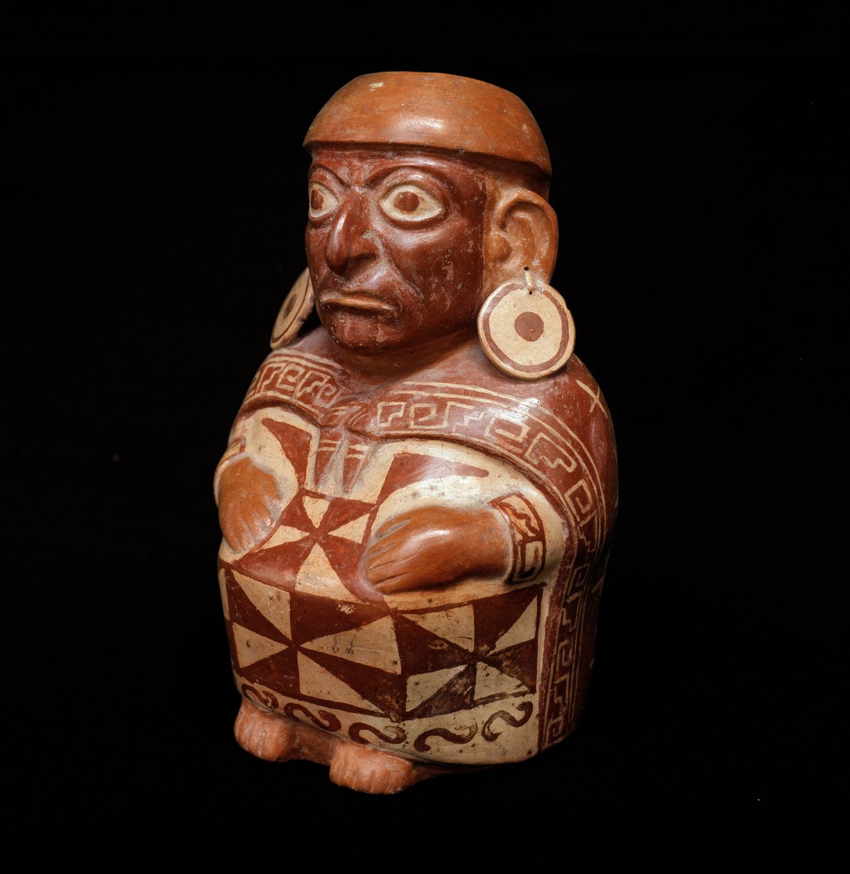 Prekolumbialainen taide, mochic sivilisaatio (ruma): "" Tekstiiliä" edustava maljakko - 200 eKr.-700 jKr. Lima, Kansallinen antropologian ja arkeologian museo, Peru - esikolumbiaaninen taide, Moche-sivilisaatio (Mochica-kulttuuri), antropomorfinen pullo: e tekijältä Moche Moche