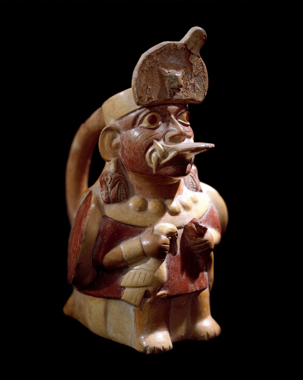Prekolumbialainen taide, mochic sivilisaatio (ruma, Mochica): antropomorfinen maljakko, joka esittää pappia, joka uhraa kaksi eläintä. 200 eKr.-700 jKr. Lima, Museo Nazionale di Antropologia e Archeologia - Esikolumbiaaninen taide, Moche-kulttuuri (200 - 7 tekijältä Moche Moche