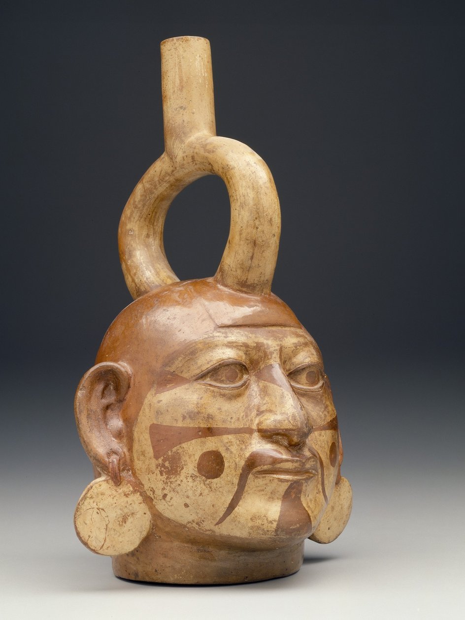 Jalusti-nokka-astia miehen pään muodossa, n. eaa. 450-550 (keraaminen) tekijältä Moche Moche