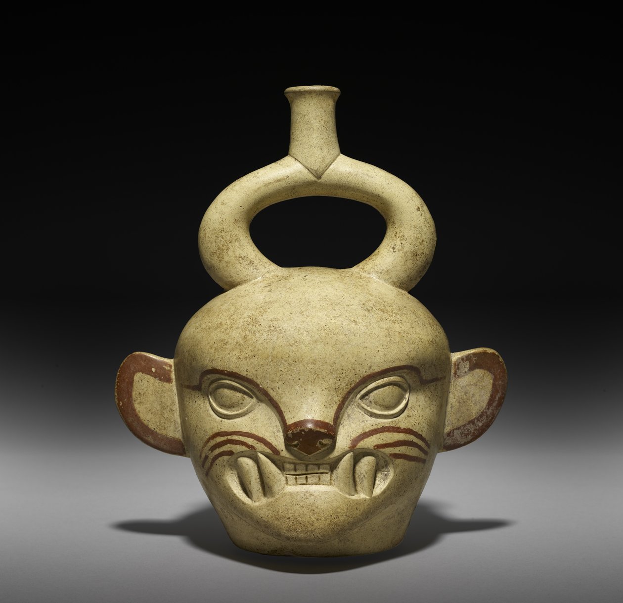 Alus kissan pään muodossa, AD 100-800 (keramiikka, jossa lippa) tekijältä Moche Moche