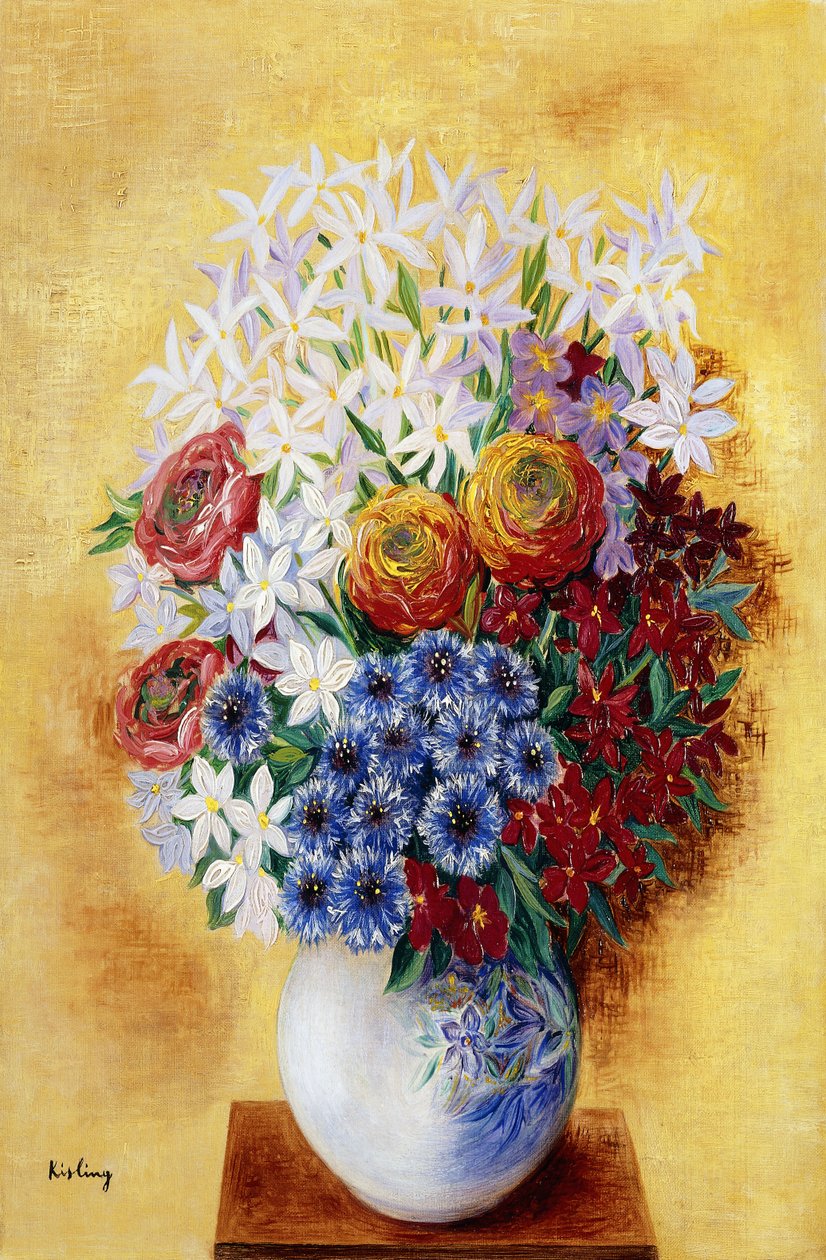 Kukkakimppu keltaista taustaa vasten; Bouquet au Fleurs sur Fond jaune, noin 1934 (öljy kankaalle) tekijältä Moise Kisling