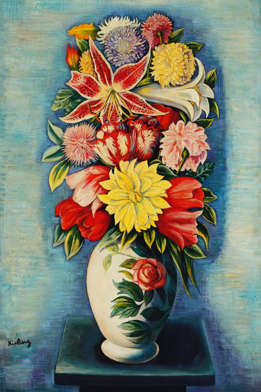 Kukat: Dahliat, tulppaanit ja liljat; Bouquet de Fleurs: Dahliat, tulppaanit, liljat ja liljat. tekijältä Moise Kisling