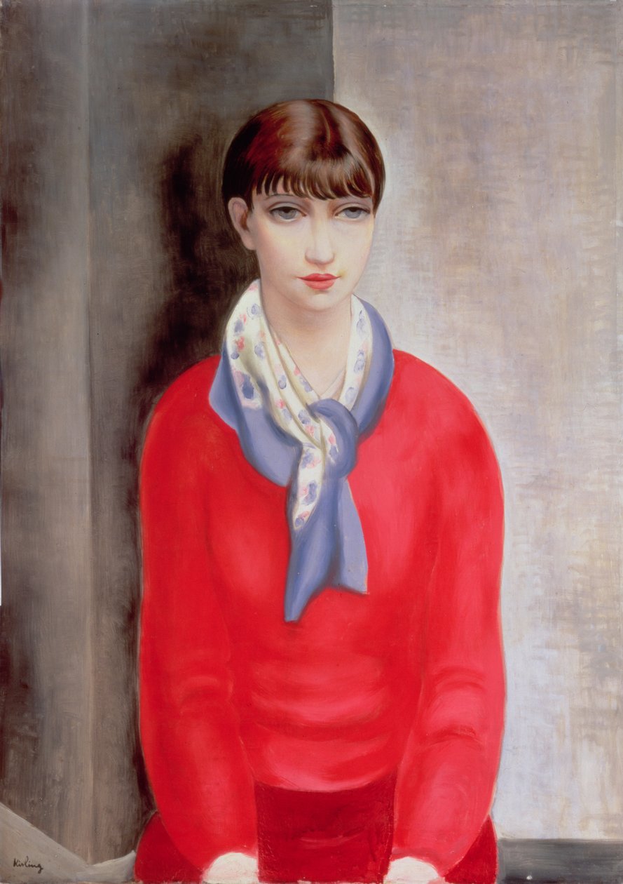 Kiki de Montparnasse punaisessa villapaidassa ja sinisessä huivissa tekijältä Moise Kisling