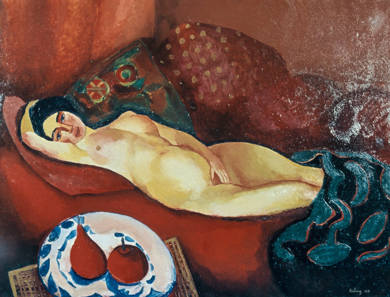 Alaston punaisella sohvalla (öljy kankaalle) tekijältä Moise Kisling