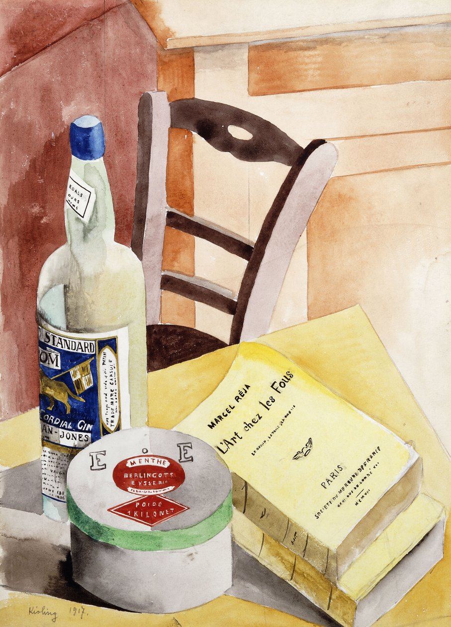 Asetelma pullot ja kirjat; Nature Morte a la Bouteilles aux Livres (Luonnonmuotokuva pullot ja kirjat) tekijältä Moise Kisling