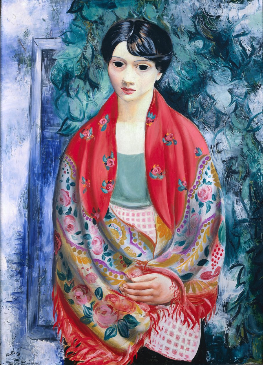Nainen puolalaisen huivin kanssa (öljy kankaalle) tekijältä Moise Kisling