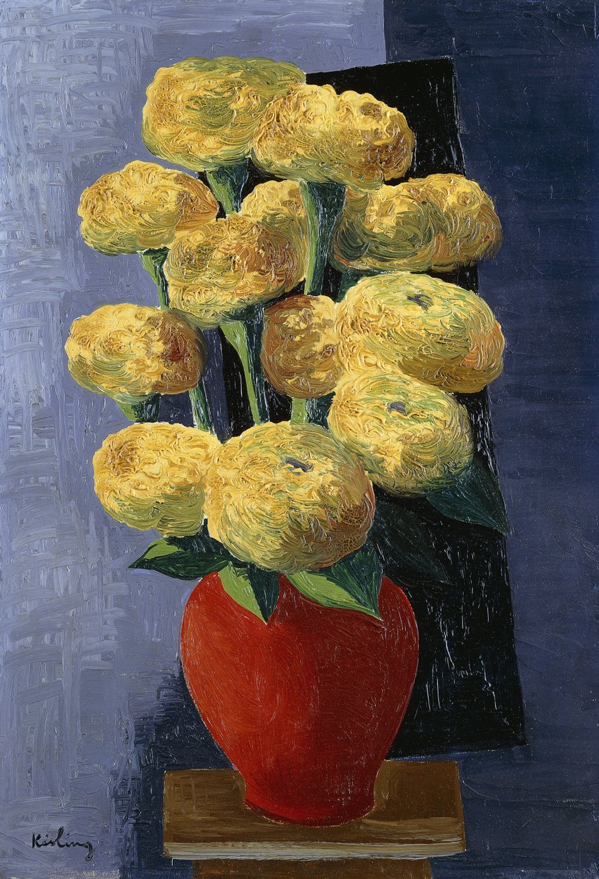 Keltaisia kukkia punaisessa maljakossa; Fleurs Jaunes dans un Vase Rouge (Keltaiset kukat punaisessa maljakossa) tekijältä Moise Kisling