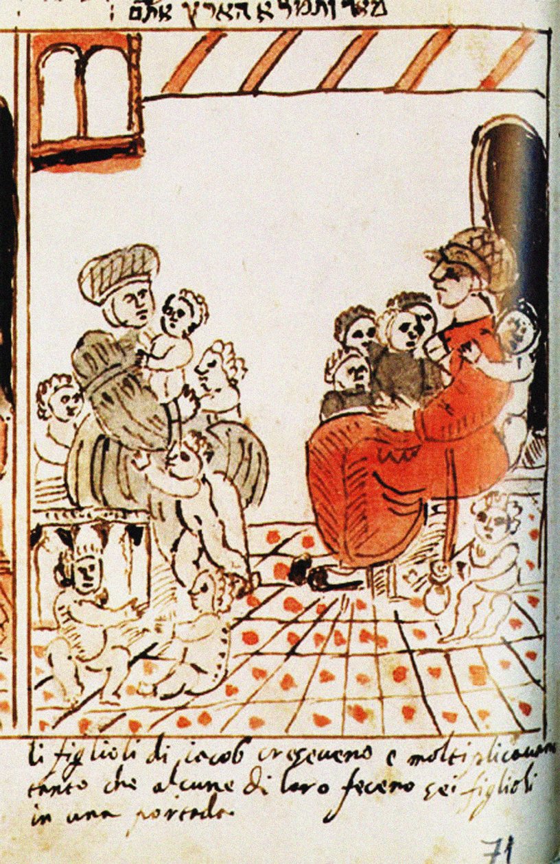 Israelilaisten lisääntyminen Egyptissä. Codex Choumach -kuva Mooseksen Pentateuch dal C tekijältä Moise del Castellazzo