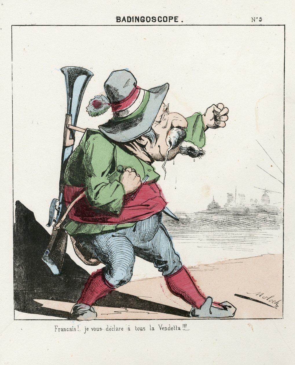 Lentävä lehti, numero 5, satiirinen värillinen, noin 1870: Badingoscope - Pariisin kunta/sota/piiritys, Hunt, tasavallan presidentti - Napoleon III - Molochin kuvitus (1849-1909) tekijältä Moloch