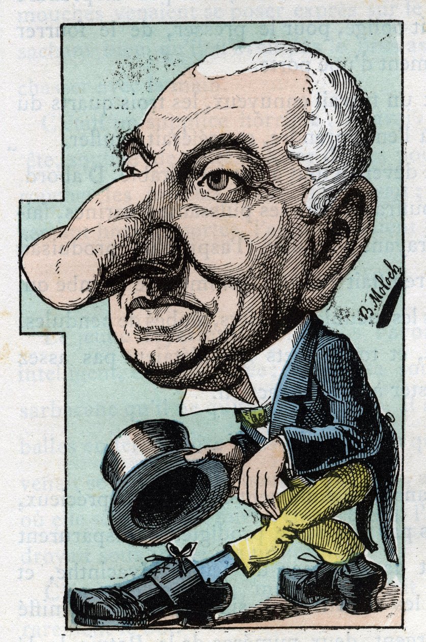Muotokuva Louis Hyacinthe Duflostista, Dit Hyacinthesta (1814-1887), koomikko ja operettilaulaja Touchatoutin elokuvassa "Le Trombinoscope"", B. Molochin karikatyyri vuodelta 1882 (1849-1909). Yksityinen kokoelma. tekijältä Moloch