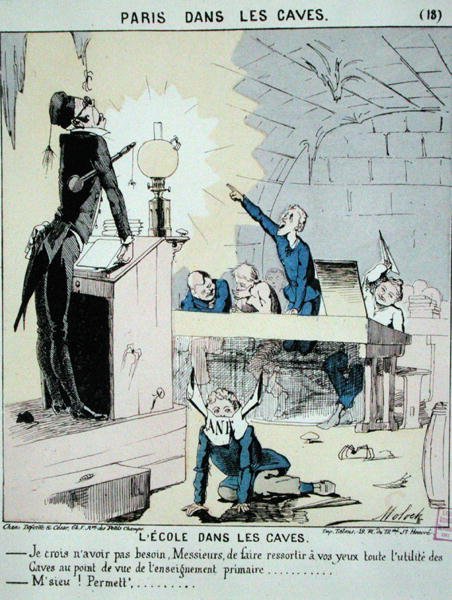 Koulu kellarissa, teoksesta "Paris dans les Caves", noin 1870 (värillinen kaiverrus). tekijältä Moloch