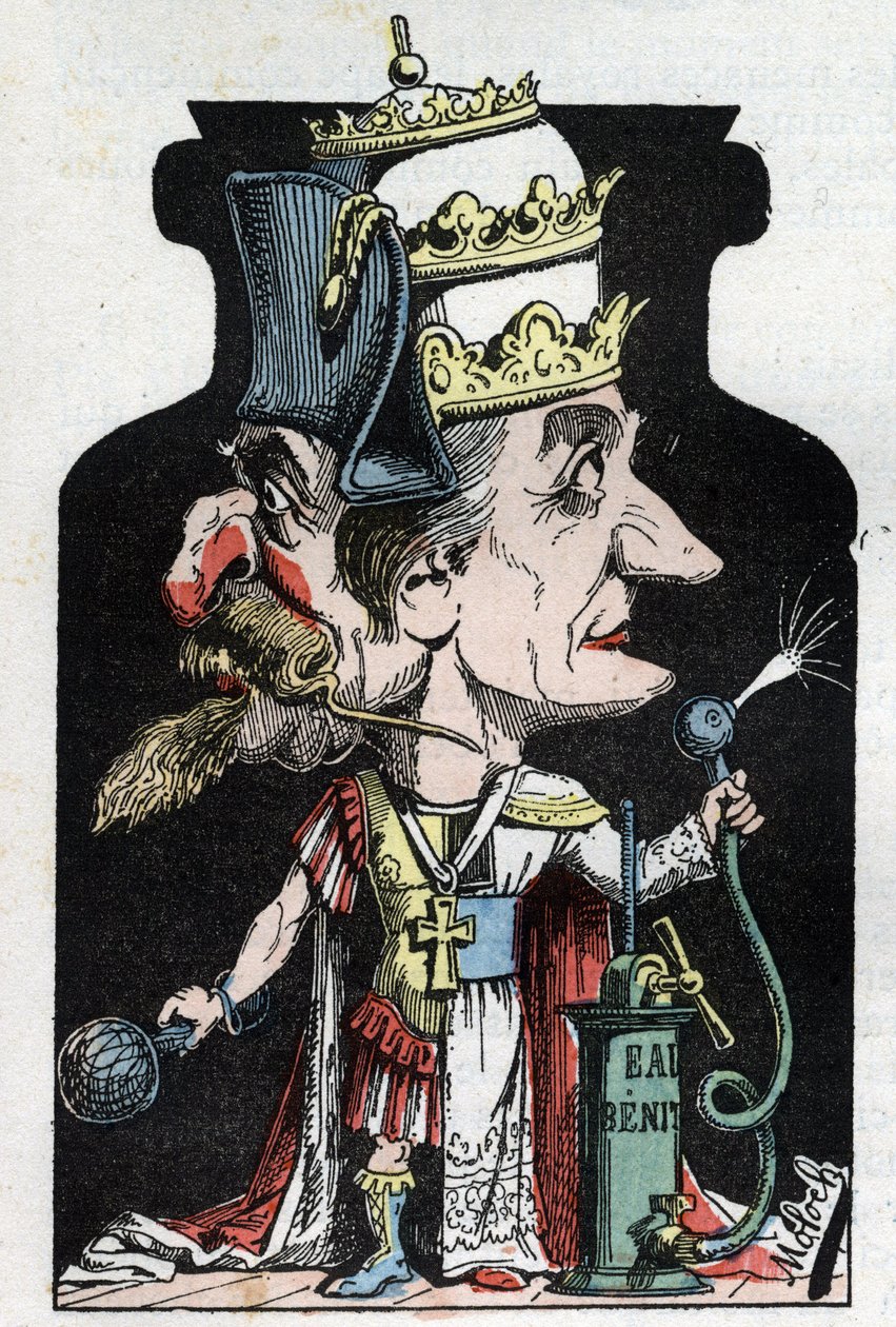 Allegorie du Concordat (merkki Pius VII:n ja Bonaparten välillä) vuodelta 1801, jota Moloch edustaa puristuslaitteena Napoleon III:n ja paavin kanssa tekijältä Moloch