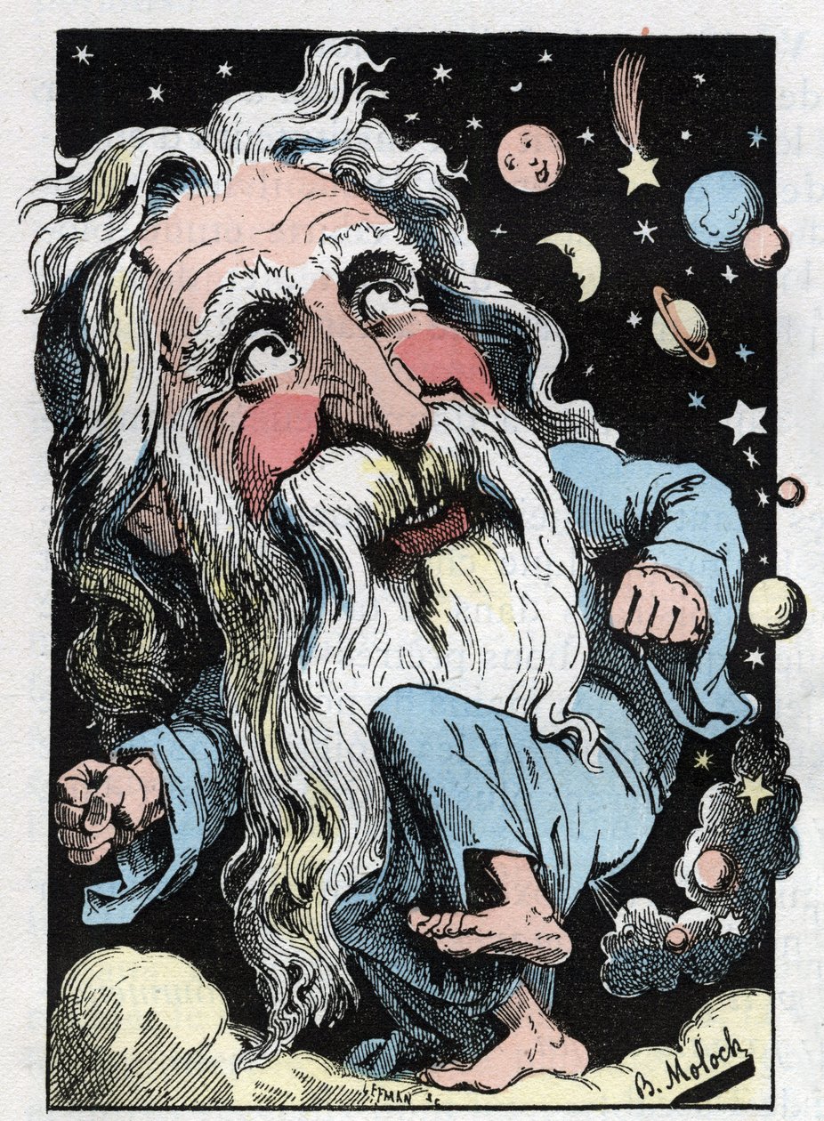 Allegoria Jumalasta Touchatoutin "The Trombinoscope" -sarjassa, sarjakuva B. Moloch vuodelta 1882 (1849-1909). Yksityinen kokoelma. tekijältä Moloch