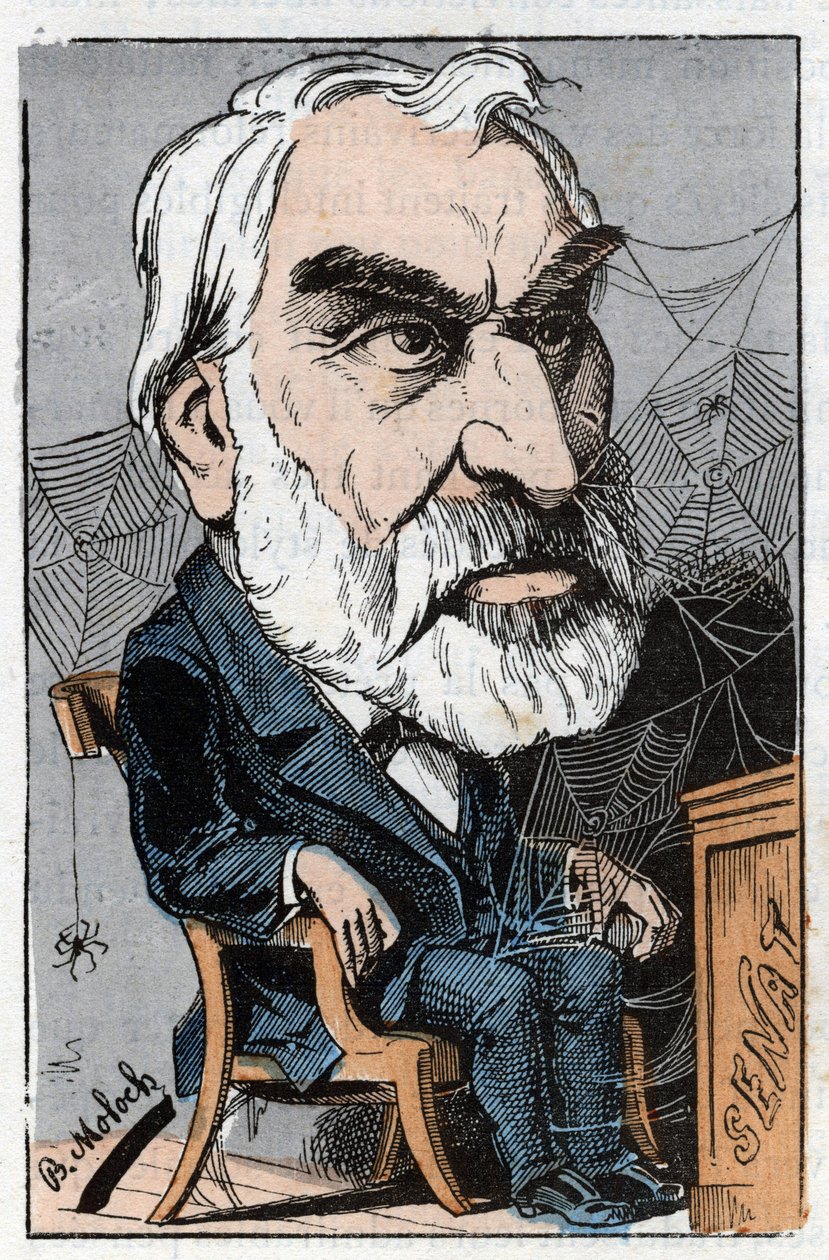 Eugene Pelletan (1813-1884), ranskalainen kirjallinen toimittaja ja poliitikko Touchatoutin "Le Trombinoscope" -sarjassa, B. Molochin sarjakuva vuodelta 1882 (1849-1909). Yksityinen kokoelma. tekijältä Moloch