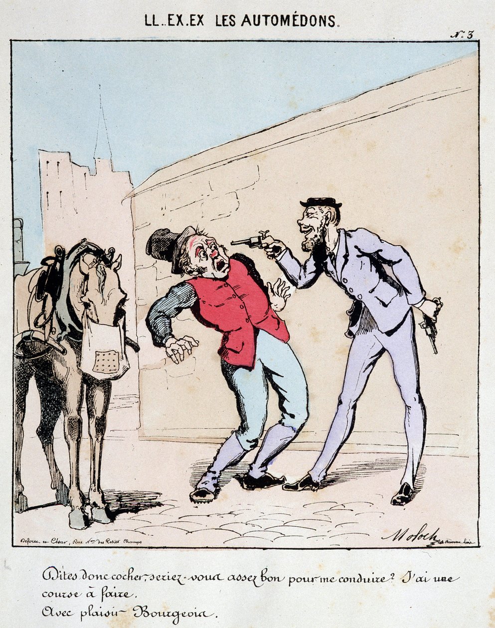 HÄN. EX. EX. Motoredons: Sarjakuva liikenteestä kaupungissa. Porvaristo pyytää kohteliaasti valmentajaa ajamaan häntä ja uhkailemaan häntä aseilla. Piirustus Moloch (1849-1909), noin 1860. tekijältä Moloch