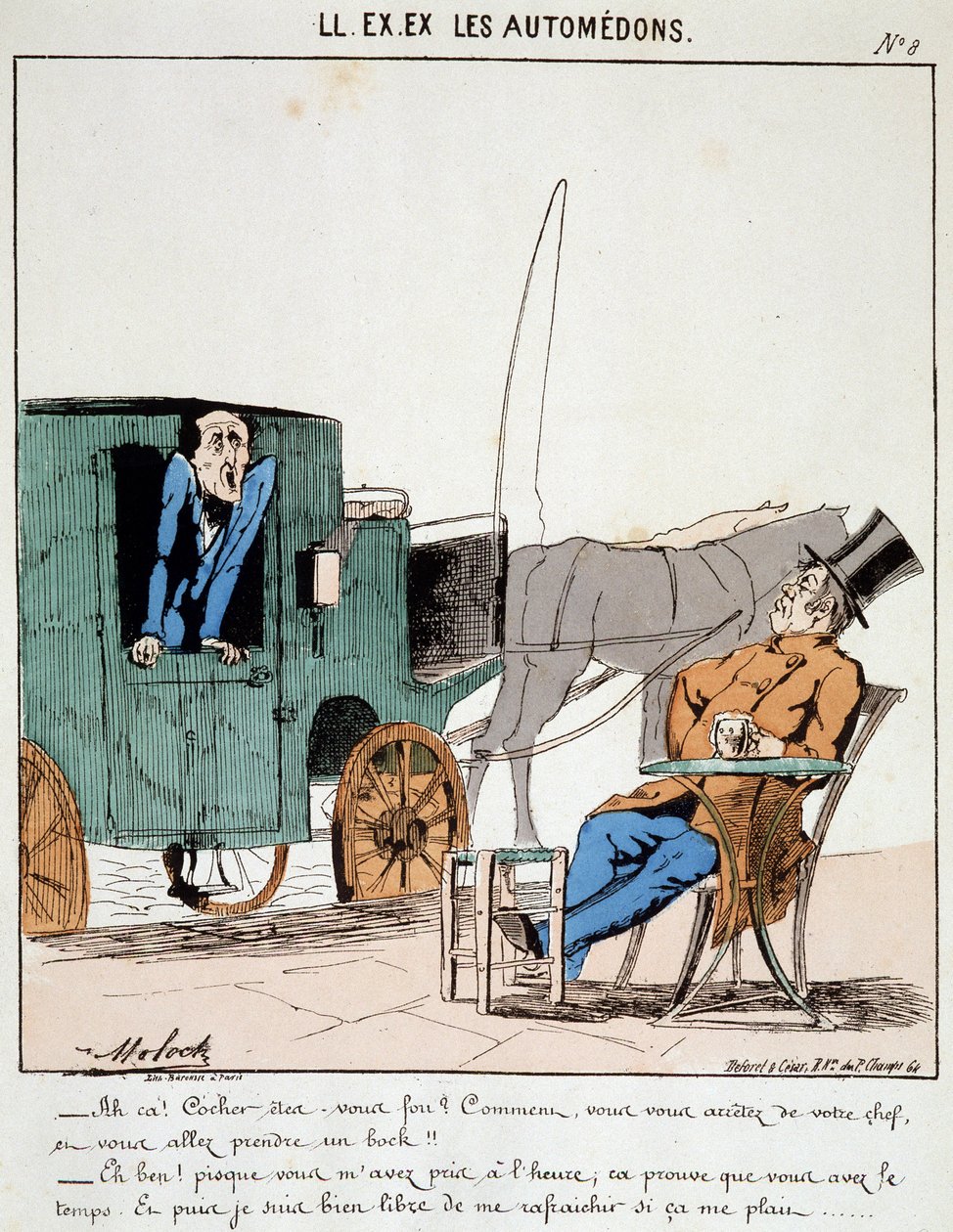 HÄN. EX. EX. Motoredons: Sarjakuva liikenteestä kaupungissa. Valmentaja maksaa ajoissa pysähdyksen kahvilassa ottaakseen bockin kantamiensa porvarien alta. Piirustus Moloch (1849-1909), noin 1860. tekijältä Moloch