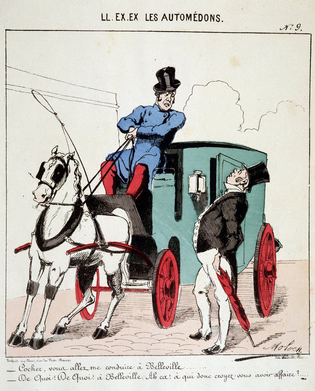 HÄN. EX. EX. Motoredons: Sarjakuva liikenteestä kaupungissa. Valmentaja kieltäytyy viemästä porvaria Bellevilleen (Quartier de Paris). Piirustus Moloch (1849-1909), noin 1860. tekijältä Moloch