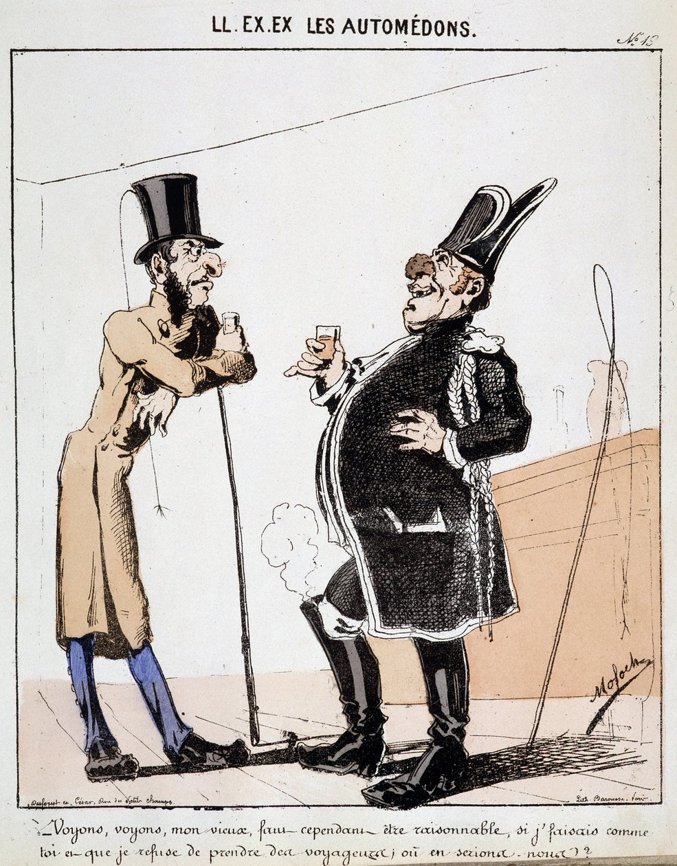 HÄN. EX. EX. Motoredons: Sarjakuva liikenteestä kaupungissa. Kaksi cocheria keskustelee alkoholilasillisen ääressä sen sijaan, että ottaisi matkustajia. Piirustus Moloch (1849-1909), noin 1860. tekijältä Moloch