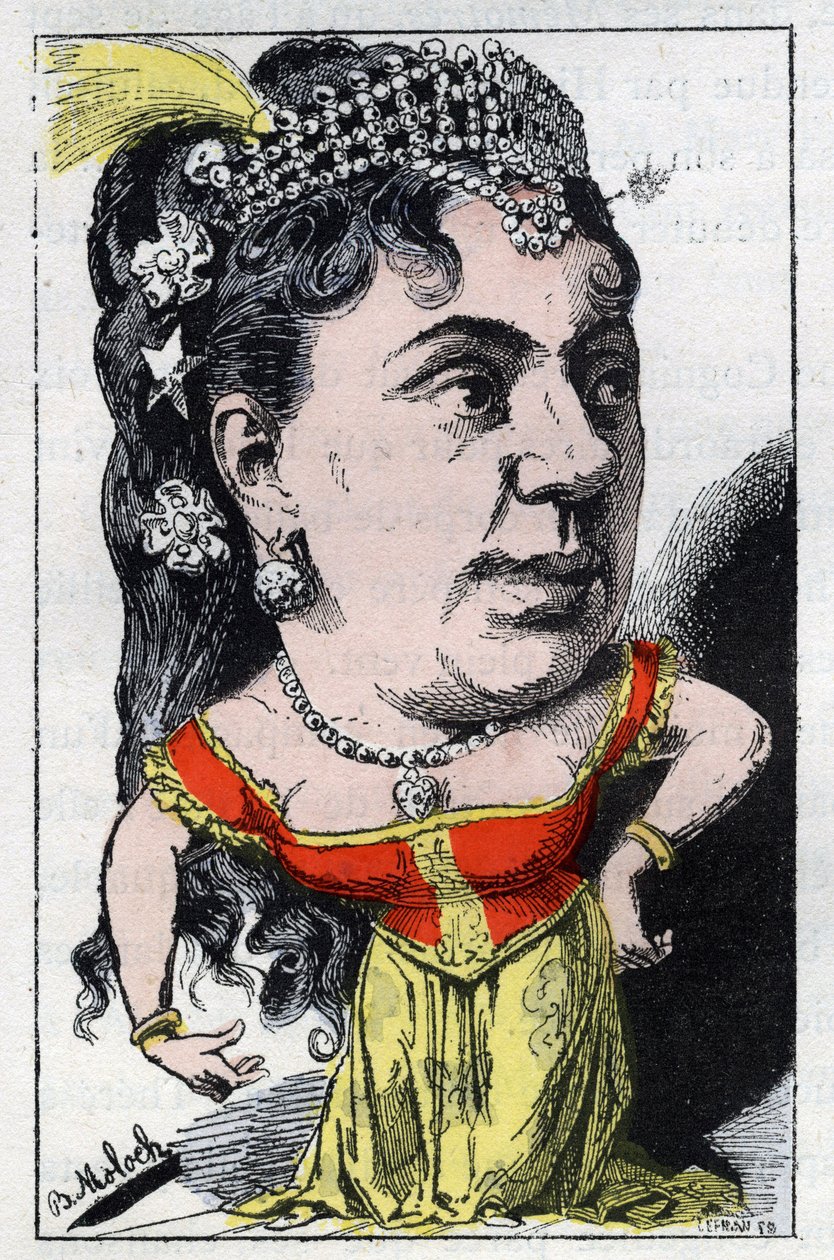 Muotokuva Emma Valladon dit Theresasta (1837 -1913), ranskalaisen kabareen laulaja Touchatoutin elokuvassa "Le Trombinoscope", B. Molochin sarjakuva vuodelta 1882 (1849-1909). Yksityinen kokoelma. tekijältä Moloch