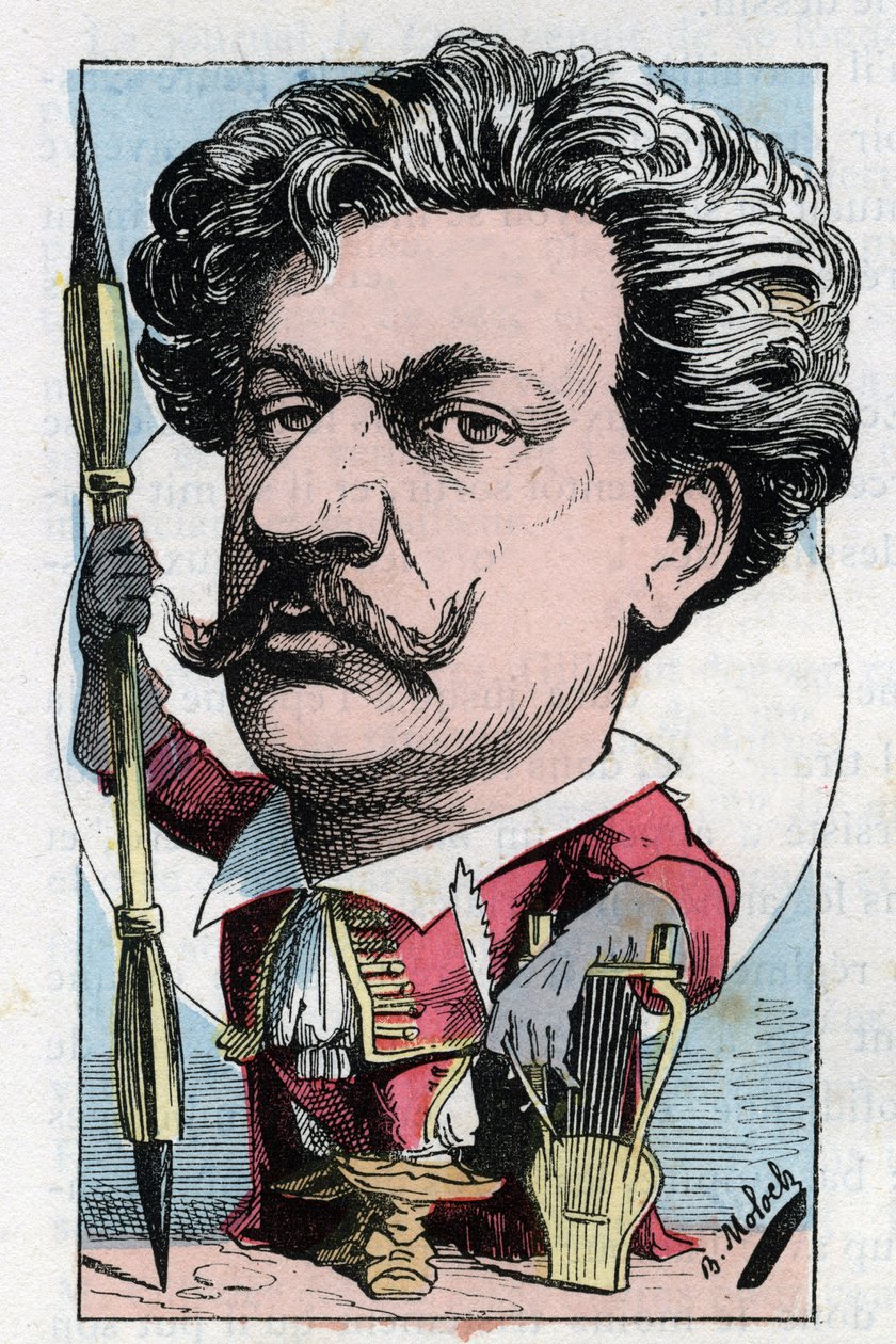 Louis Alexandre Gosset de Guinesin muotokuva Andre Gillin (1840 - 1885) ranskalaisesta runoilijasta Touchatoutin "Le Trombinoscope" -sarjassa, B. Molochin sarjakuva vuodelta 1882 (1849-1909). Yksityinen kokoelma. tekijältä Moloch