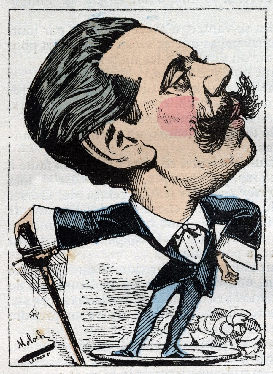 Muotokuva Paul Granier de Cassagnacista (1842-1902), ranskalainen poliittinen toimittaja Touchatoutin "Le Trombinoscope" -sarjassa, B. Molochin sarjakuva vuodelta 1882 (1849-1909). Yksityinen kokoelma. tekijältä Moloch