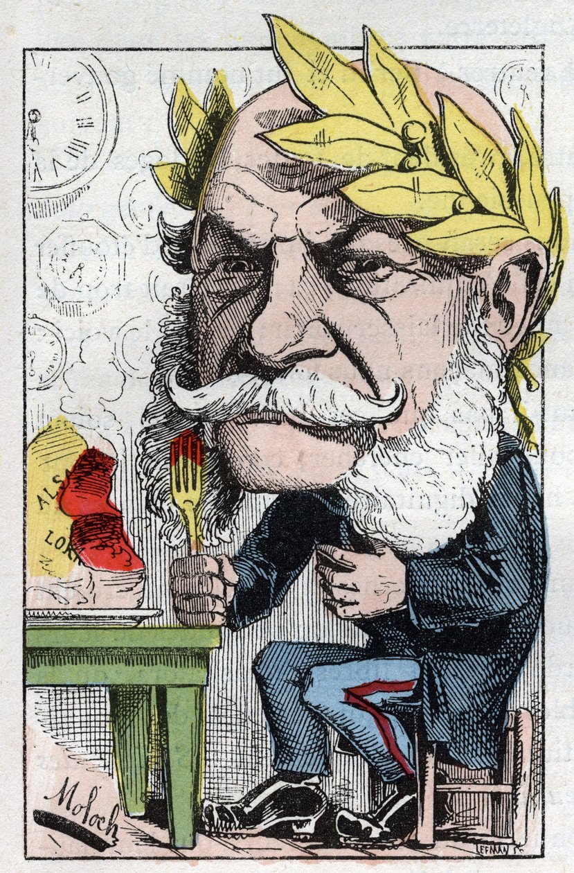 Preussin kuninkaan ja Saksan keisarin William I:n (1797-1888) muotokuva Touchatoutin "Trombinoskooppi" -sarjassa, B. Molochin karikatyyri vuodelta 1882 (1849-1909). Yksityinen kokoelma. tekijältä Moloch