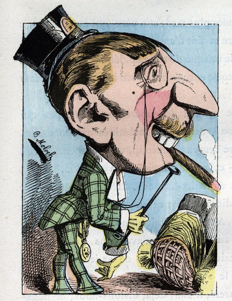 Nuoren miehen muotokuvassa on törkeän eleganssia ja rajoittuva nauruun (dandy, elegantti, hämärä, viskoosi) Touchatoutin "" Le Trombinoscope" -sarjassa, B. Molochin karikatyyri vuodelta 1882 (1849-1909). Yksityinen kokoelma. tekijältä Moloch