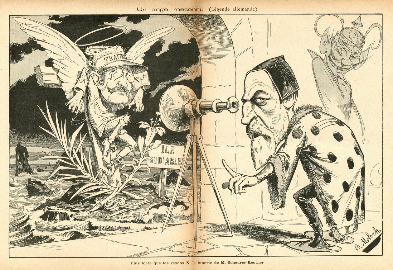 The Image for Laughter, numero 4, noin 1897_11_13 - Kuvitus Alphonse Hector Columbus, joka tunnetaan nimellä B. Moloch tai Moloch (1849-1909): Tuntematon enkeli - Dreyfusin tapaus, Paholaisen saari - Dreyfus Alfred, Scherer-Kestner Auguste tekijältä Moloch