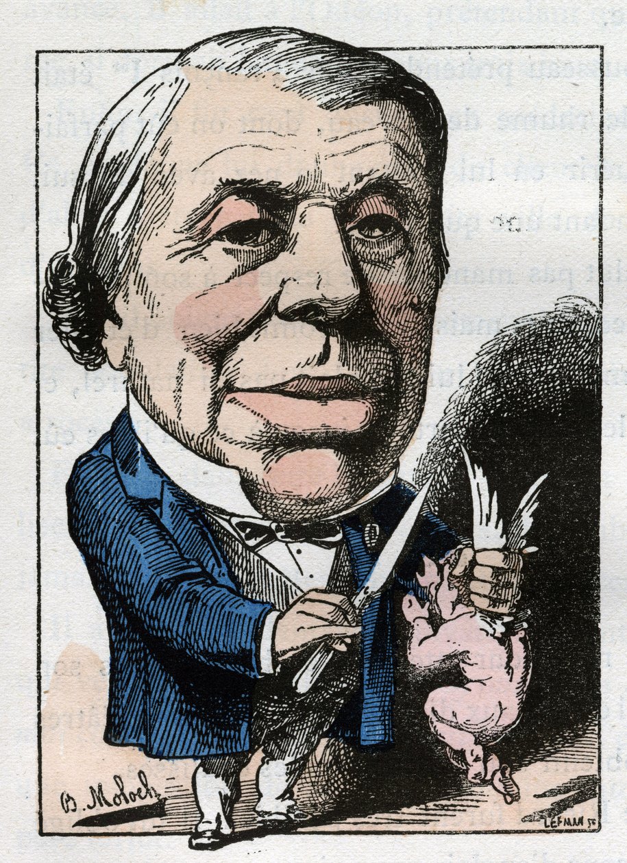 muotokuva Philippe Ricordista (1800-1889), ranskalaisesta kirurgista Touchatoutin elokuvassa "Le Trombinoscope", sarjakuva B. Moloch vuodelta 1882 (1849-1909). Yksityinen kokoelma. tekijältä Moloch